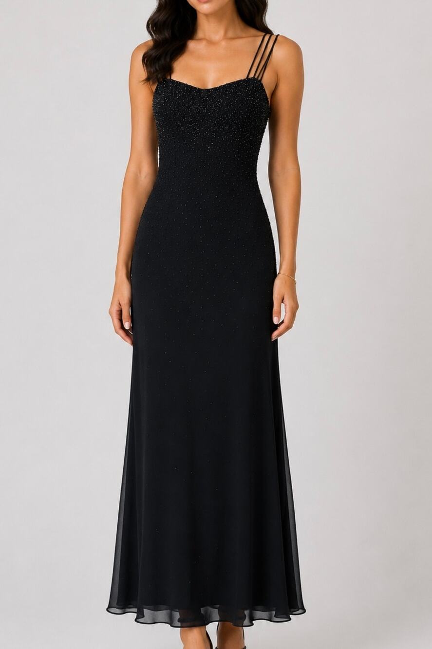 Vintage Y2k Chelsea Nites Beaded Maxi Dress Strappy Formal Prom Midi Gown Black
